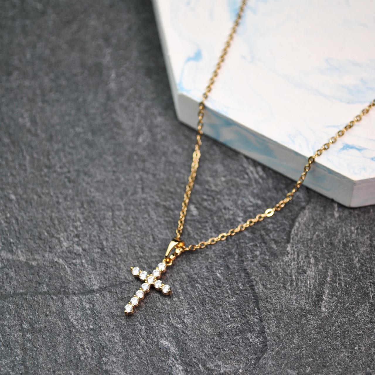 Кулон крестик с фианитами на цепочке медицинская сталь позолота (x232-2)