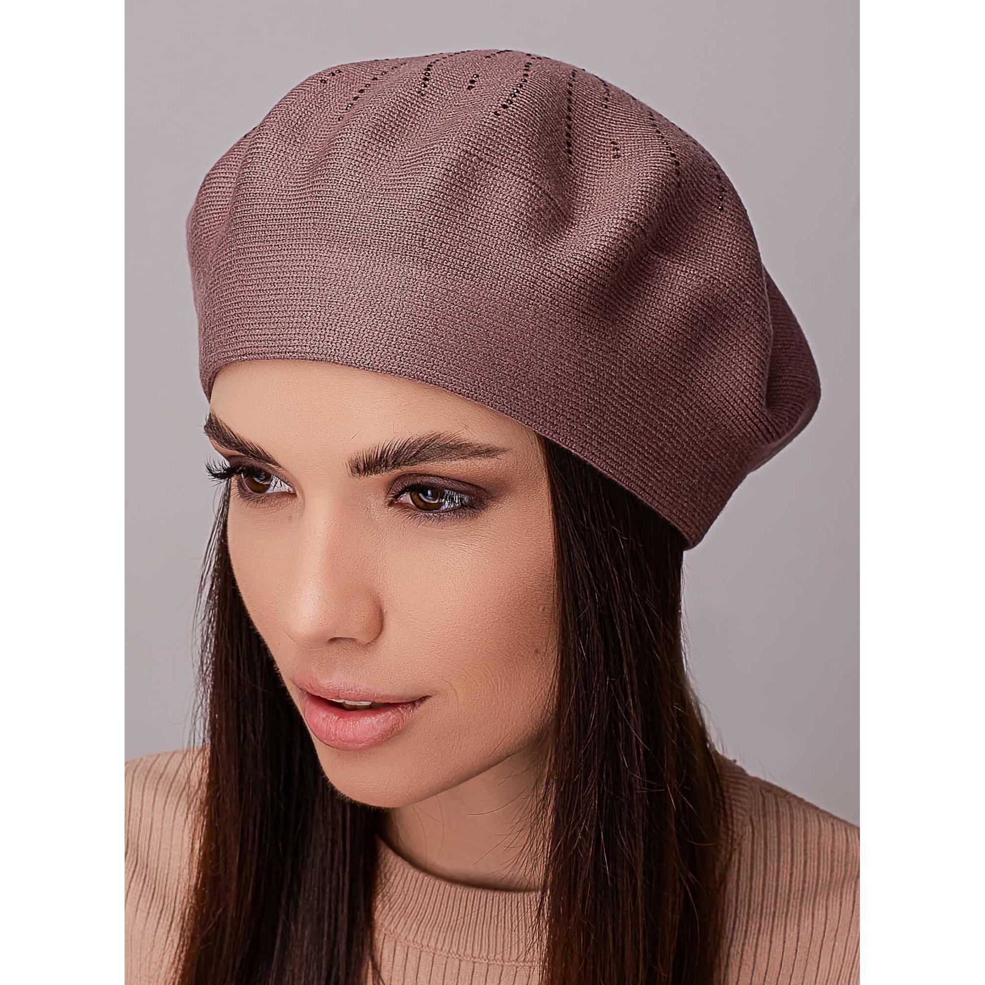 Берет вискозный женский с добавлением шерсти без подкладки украшенный стразами Leks Акация Мокко
