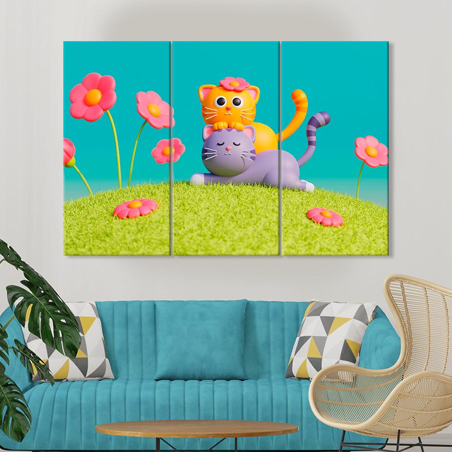 Картина в детскую комнату Игривые коты среди цветов 128x81 см (A1443-3)