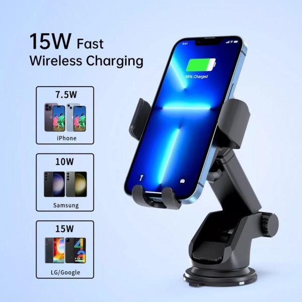 Тримач для смартфона в авто Choetech T203-F-ACBK бездротова зарядка 15 Вт Gravity Wireless USB-C Чорний (28327857) - фото 4