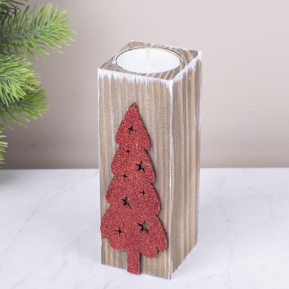 Подсвечник деревянный елка с красным глитером 14 см (5162-5)