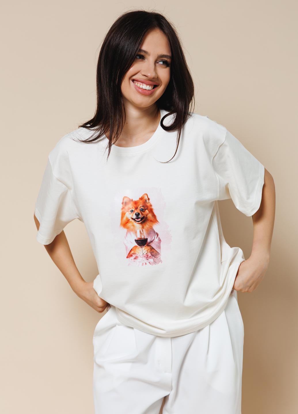 Футболка жіноча бавовняна oversize з принтом Giulia URBAN PAWS 4826/010 XL Multicolor-milk/pomeranian print (2001108224594)