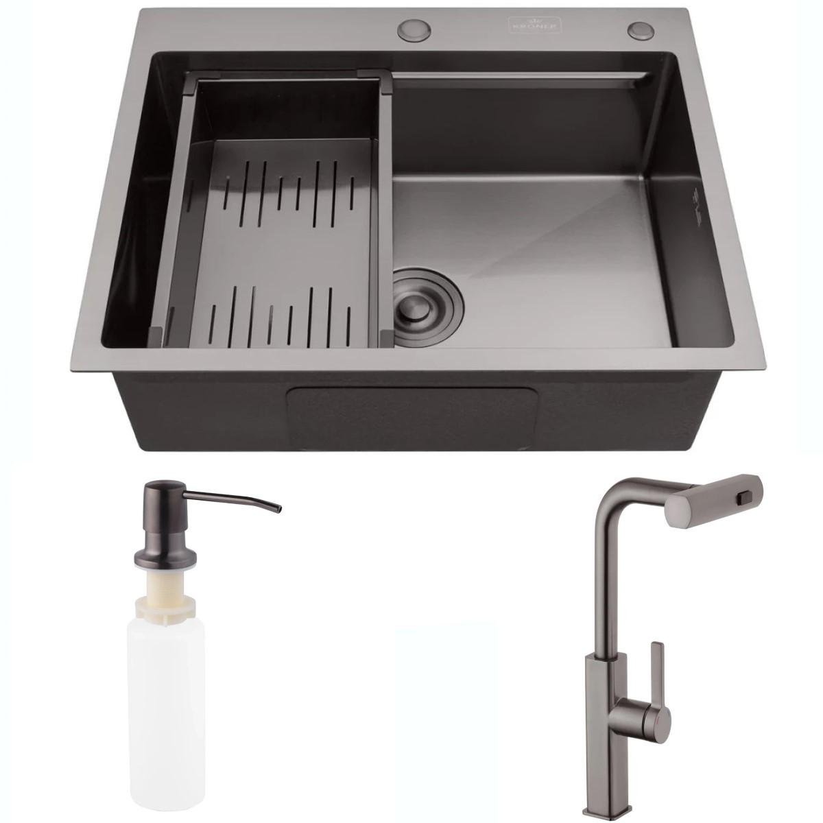Мойка кухонная Kroner Schwarze 6350HM/смеситель для кухни с выдвижным изливом Kroner-PVD03918