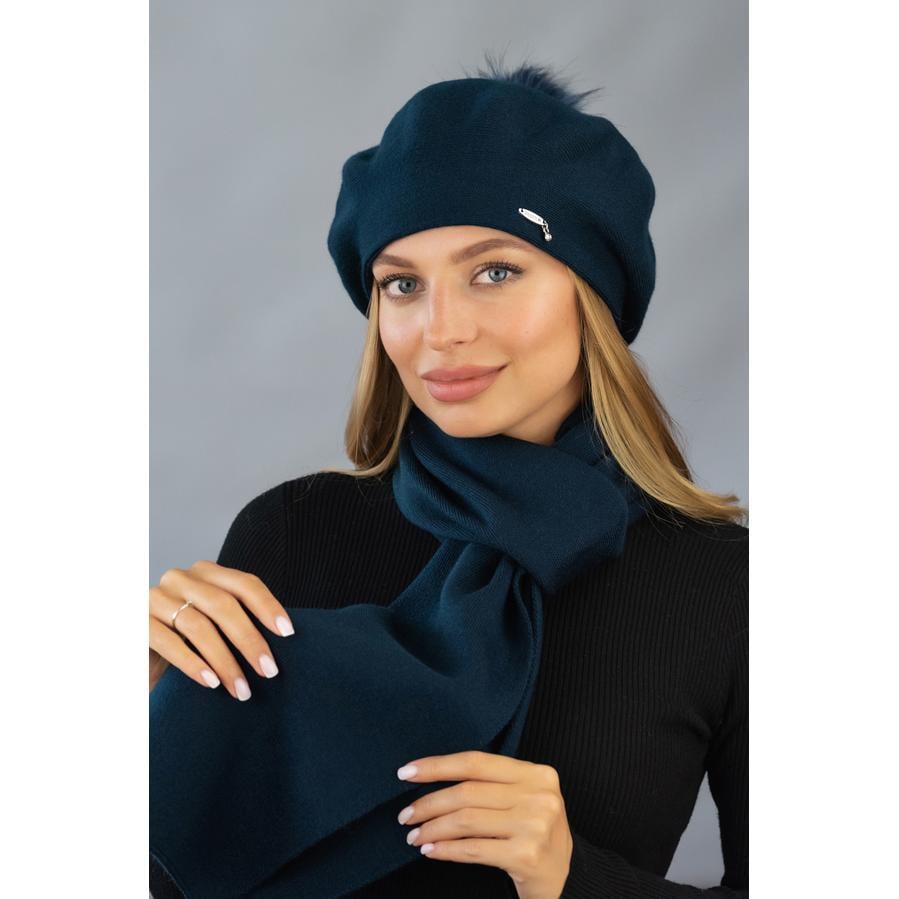 Комплект женский зимний Braxton 6016-1 берет утепленный флисом с песцевым бубоном и шарф Джинсовый Комплект женский зимний Braxton 6016-1 берет утепленный флисом с песцевым бубоном и шарф Джинсовый