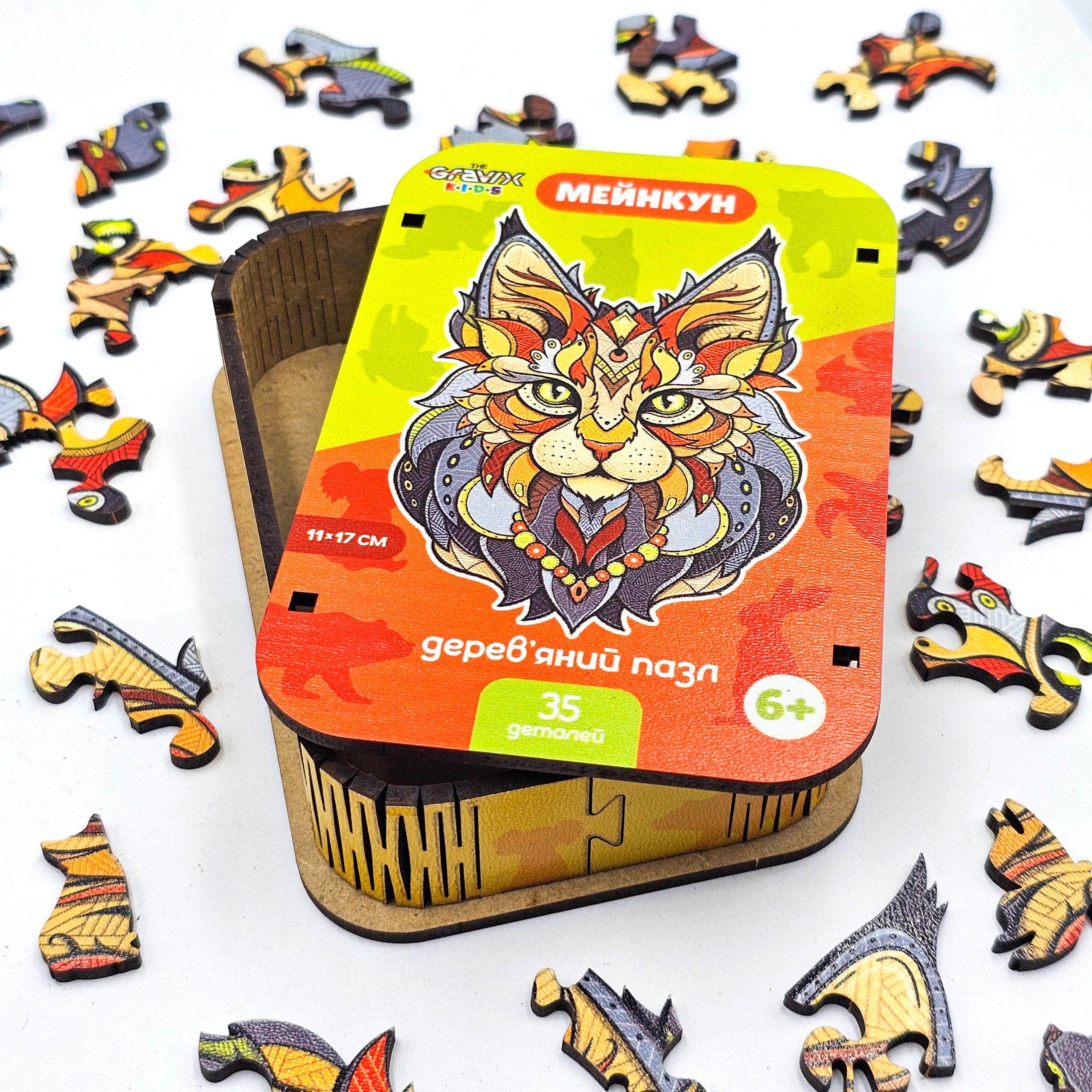 Пазл дерев'яний THEGRAVIX Мейнкун фігурний для дітей (04117) - фото 4 Пазл дерев'яний THEGRAVIX Мейнкун фігурний для дітей (04117) - фото 4