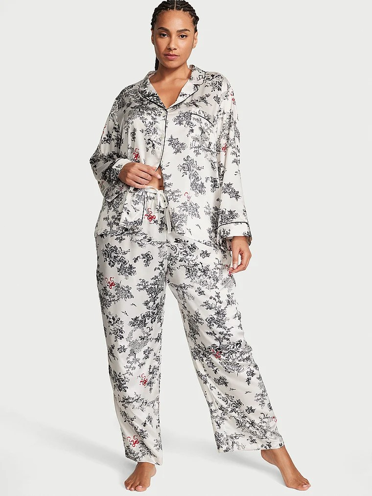 Піжама жіноча Victoria's Secret Satin Long Pajama Set сатинова L Білий у квіти (15339760)