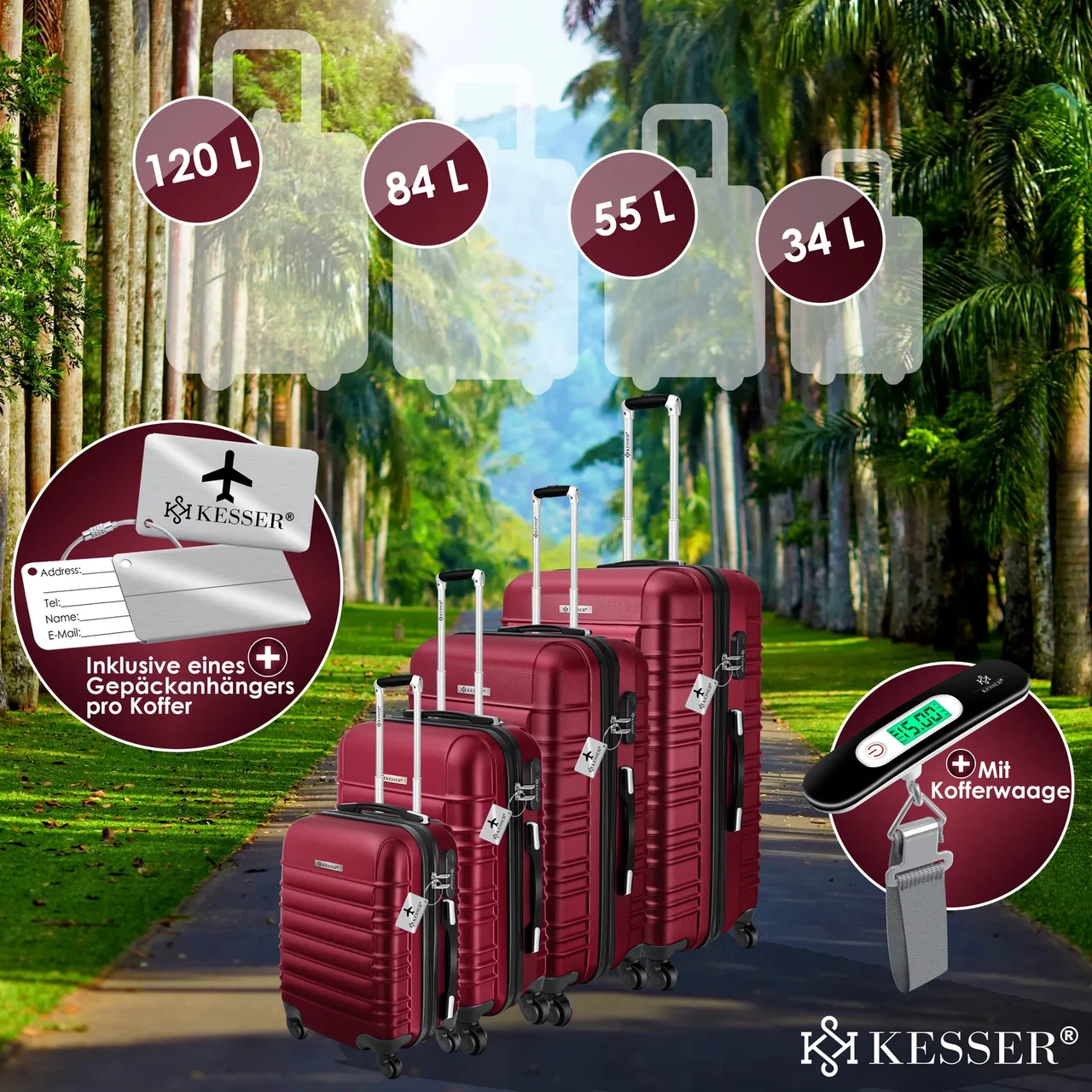 Набір із 4 дорожніх валіз KESSER з твердим корпусом S M/L/XL Бордовий - фото 4
