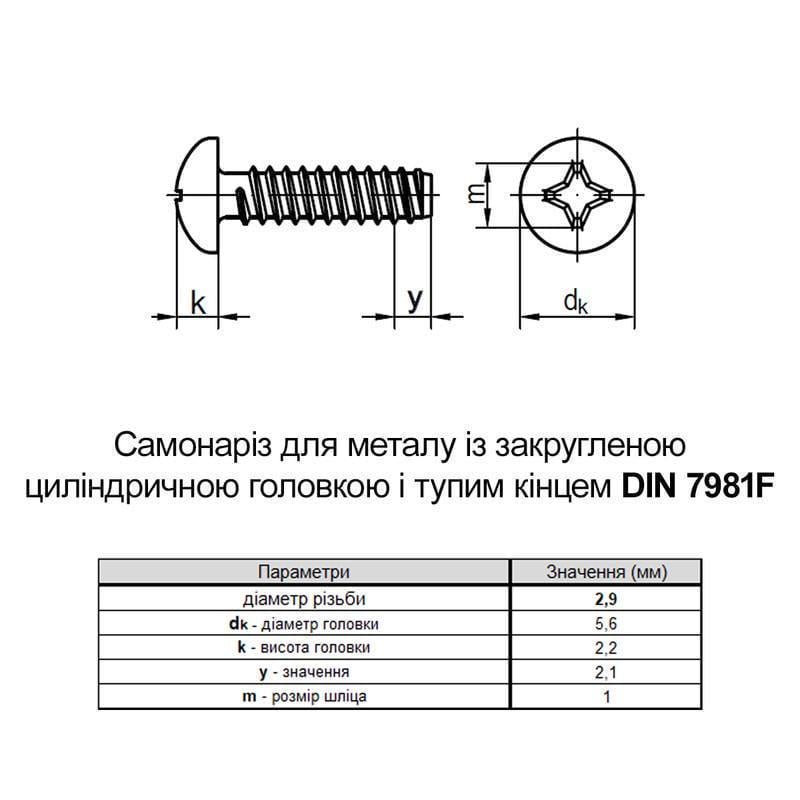 Саморез тупой конец Metalvis DIN7981F 2,9х9,5 PH1 цинк белый полная резьба полукруглая головка 1000 шт. (80520000080529092F) - фото 2