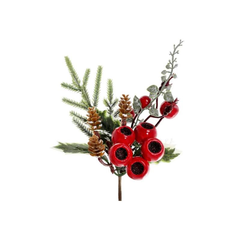 Декоративная хвойная ветка новогодняя с шишками и ягодами 24 см Красный (2775985238)