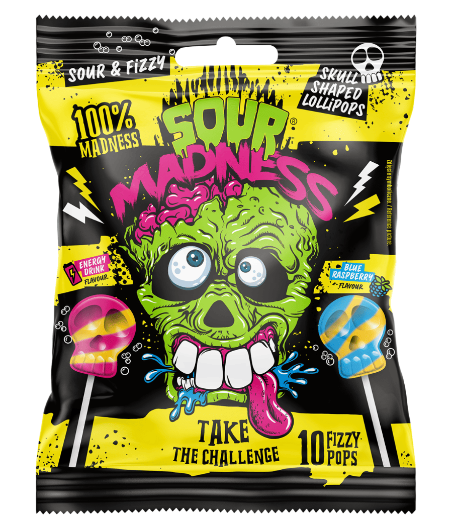 Льодяники кислі на паличці Sour Madness Energy Drink and Blue Raspberry 90 г (2772221661)