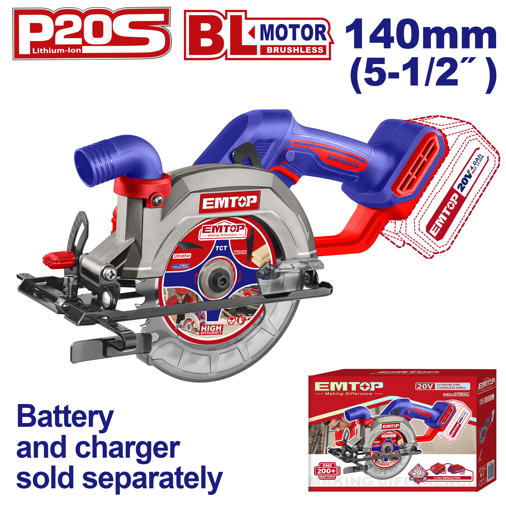 Пила дискова акумуляторна EMTOP ELCS1402 без АКБ та ЗП - фото 2 Пила дискова акумуляторна EMTOP ELCS1402 без АКБ та ЗП - фото 2