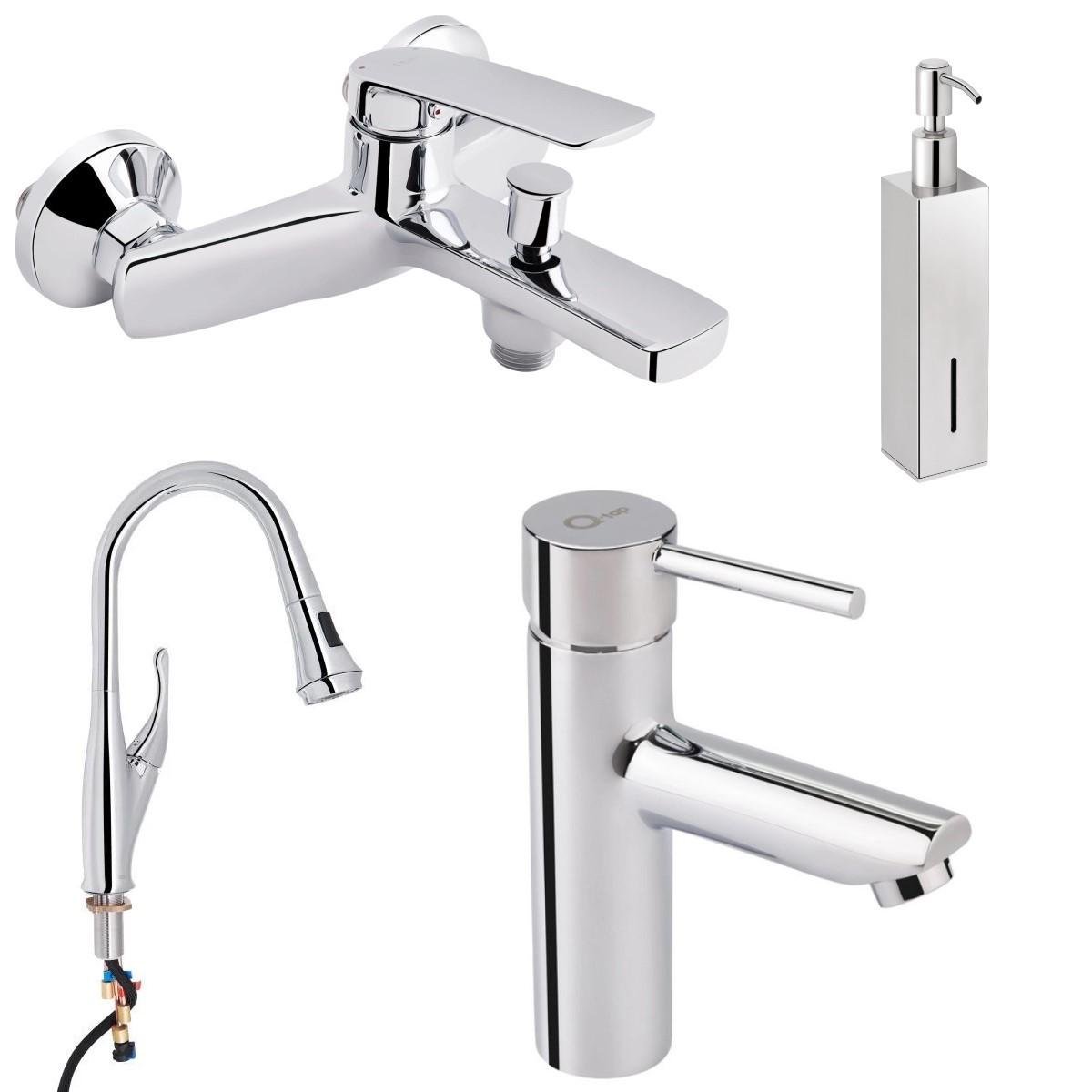 Набор Qtap кран с коротким изливом/кран для кухни выдвижной/кран для умывальника и дозатор