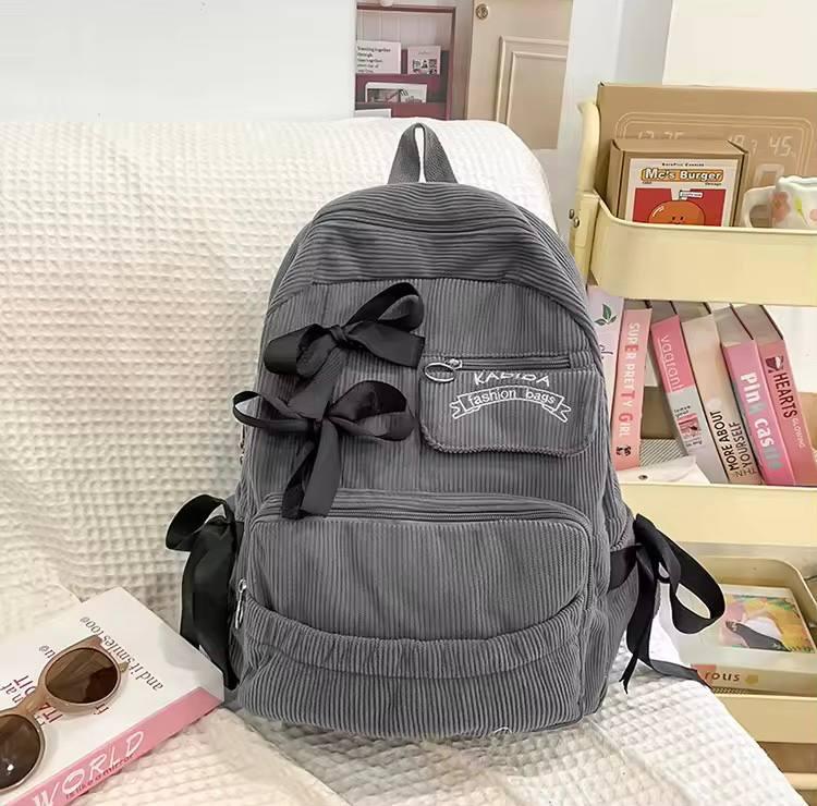 Рюкзак вельветовый с бантиками стильный женский для подростков Серый
