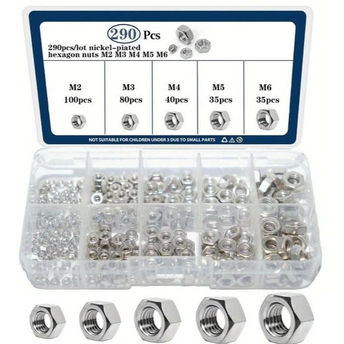 Набор гаек M2/M3/M4/M5/M6 290 шт. никелированные шестигранные DIN 934 Spec (SP-0678290)