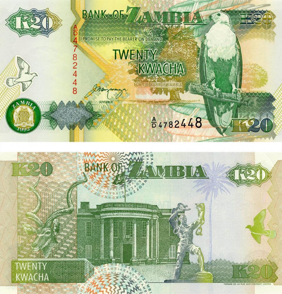 Коллекционная банкнота Замбия 20 квача 1992 UNC P36 (Б12199)
