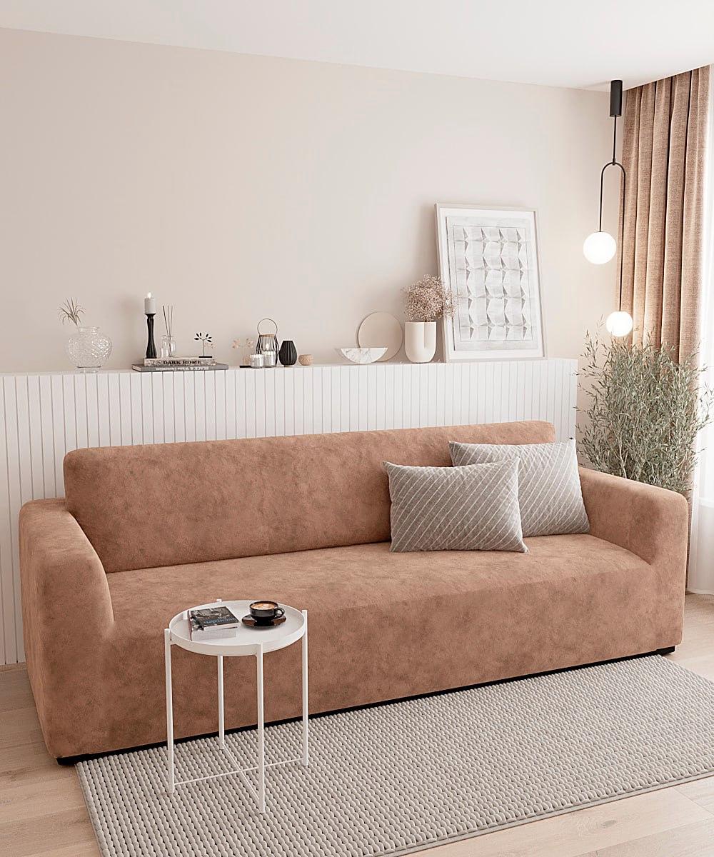 Чехол на диван угловой велюровый натяжной без юбки 235х300 см Бежевый (br3-4)
