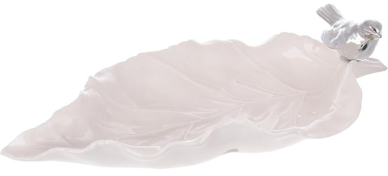 Подставка фарфор для украшений серебряная птичка на листочке 21х11х6 см Белый