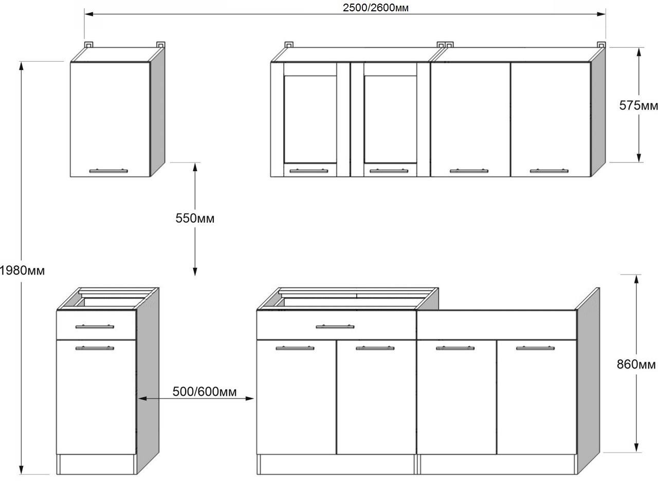 Готова кухня Еверест Еко №6 без стільниці без мийки 2,5 м/2,6 м Білий/Дуб крафт білий/Графітовий (09105) - фото 5