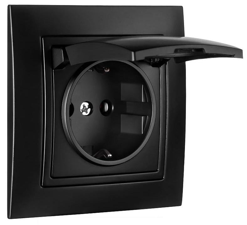 Розетка одноместная с крышкой с заземлением MARSHEL ELEGANT RS16-373 Black