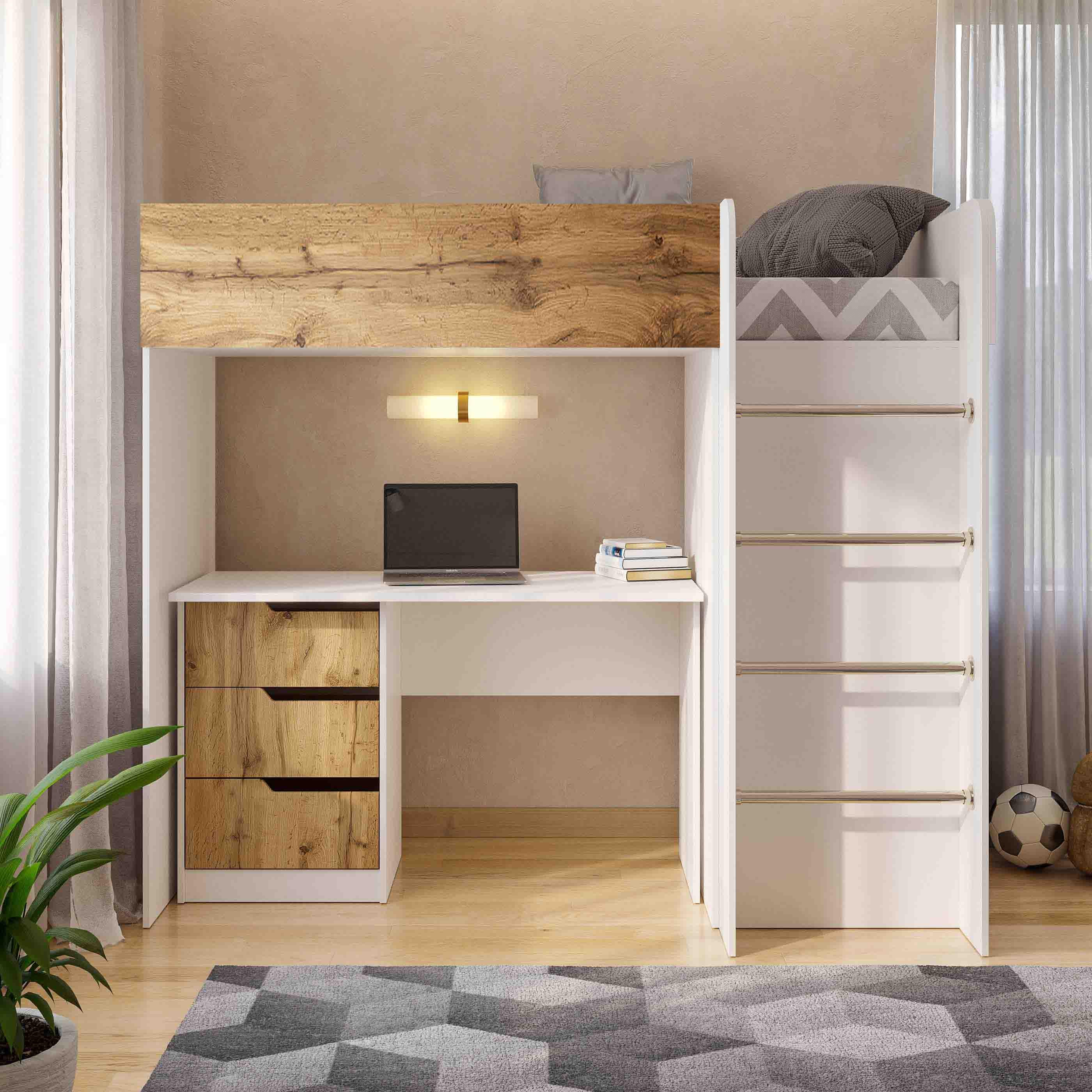 Комплект для детской BED-ROOM 3 кровать со шкафом и письменный стол 1940x1020x1690 мм Белый/Дуб Тахо