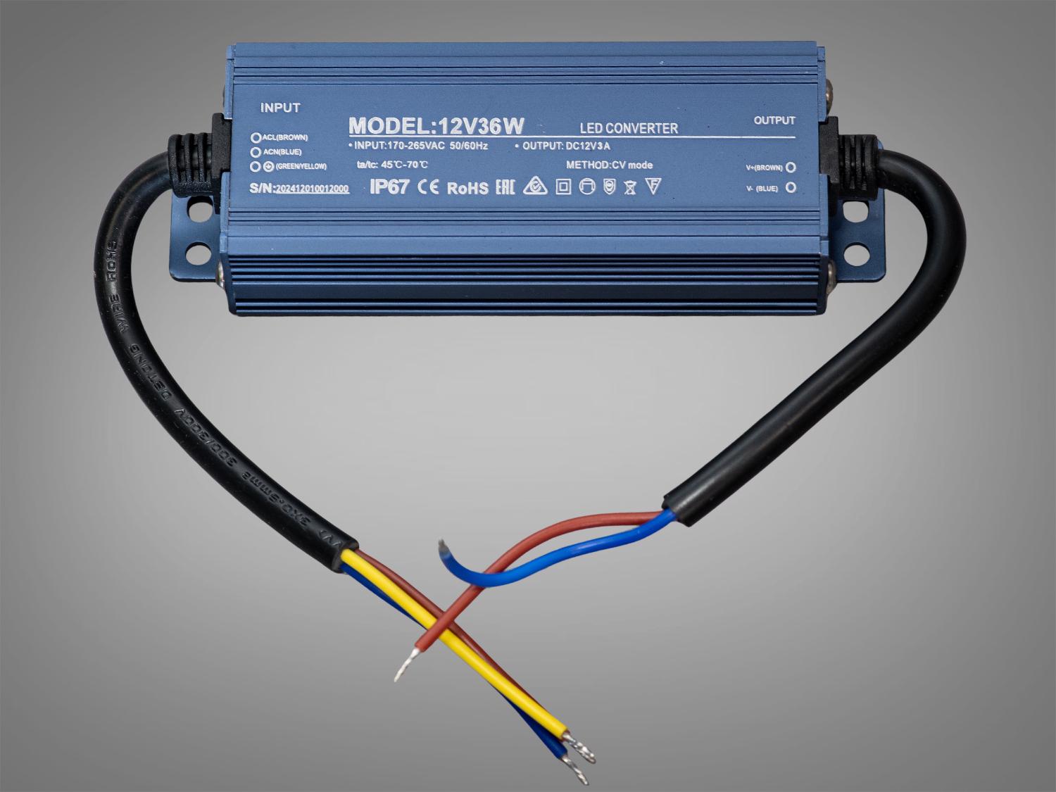 Блок живлення герметичний для підключення LED стрічки 12 В 36 Вт 3А (PPF-PW-IP68-12 В-36w)