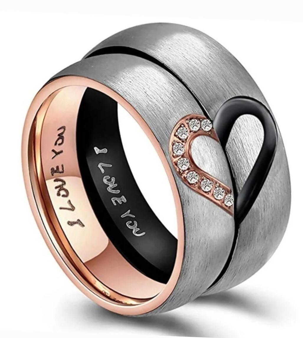 Каблучки парні Серце на двох ювелірна сталь та циркони Сріблястий (2008171291)