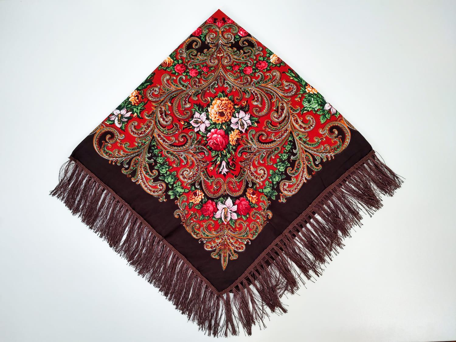 Платок в народном стиле Букет цветов 120х120 см Красный М27 (29416882)