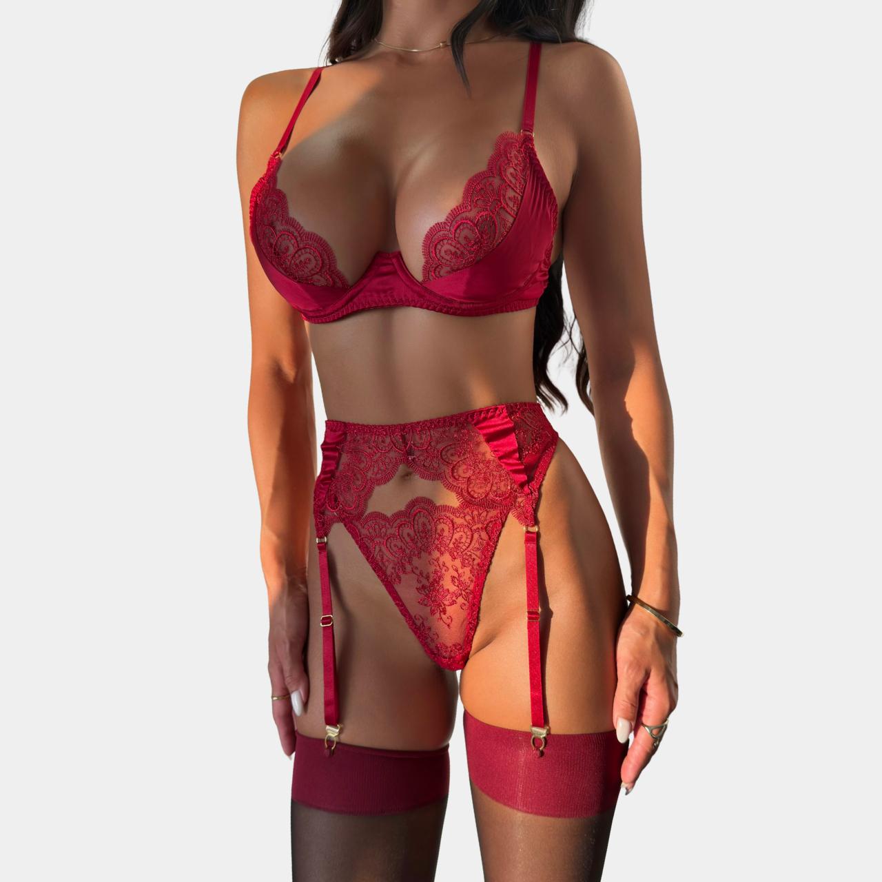 Комплект жіночої білизни мереживний з підв’язками L Червоний (058/107) - фото 2 Комплект жіночої білизни мереживний з підв’язками L Червоний (058/107) - фото 2