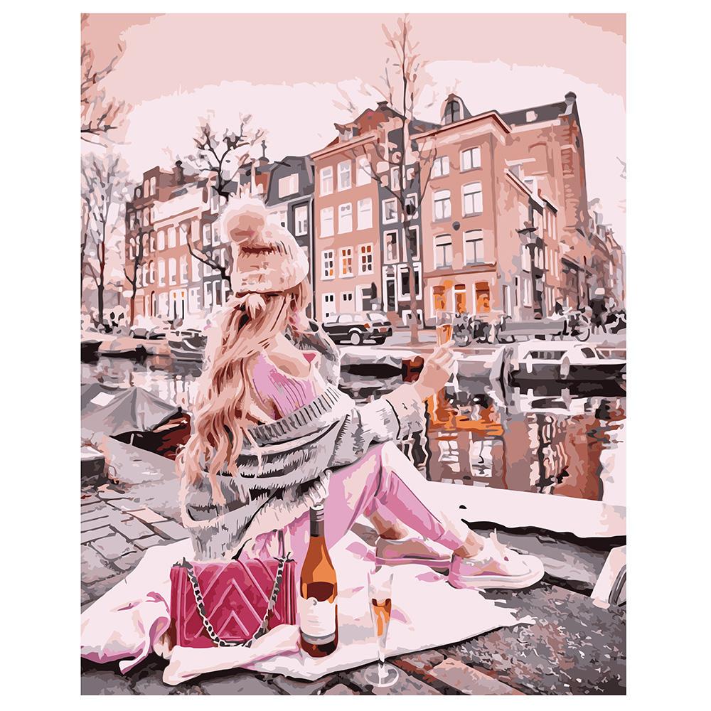 Картина по номерам Strateg Девушка с вином у канала 40x50 см (VA-1541)