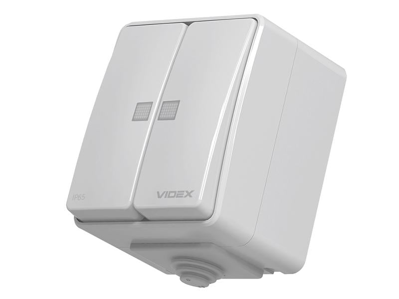Вимикач зовнішній двохклавішний Videx Binera VF-BNW12L-G з підсвіткою IP65 Сірий (9534)