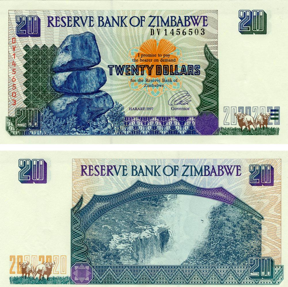 Коллекционная банкнота Зимбабве 20 долларов 1997 UNC P7 (Б04804)