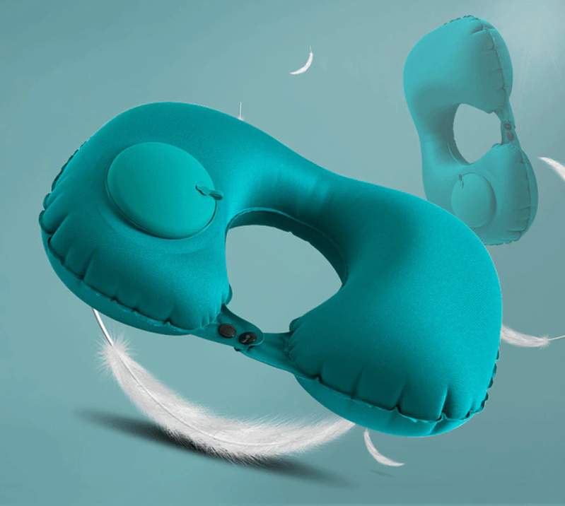 Дорожня надувна подушка-підголовник Travel Neck Pillow на шию з вбудованою помпою Бірюзовий - фото 3