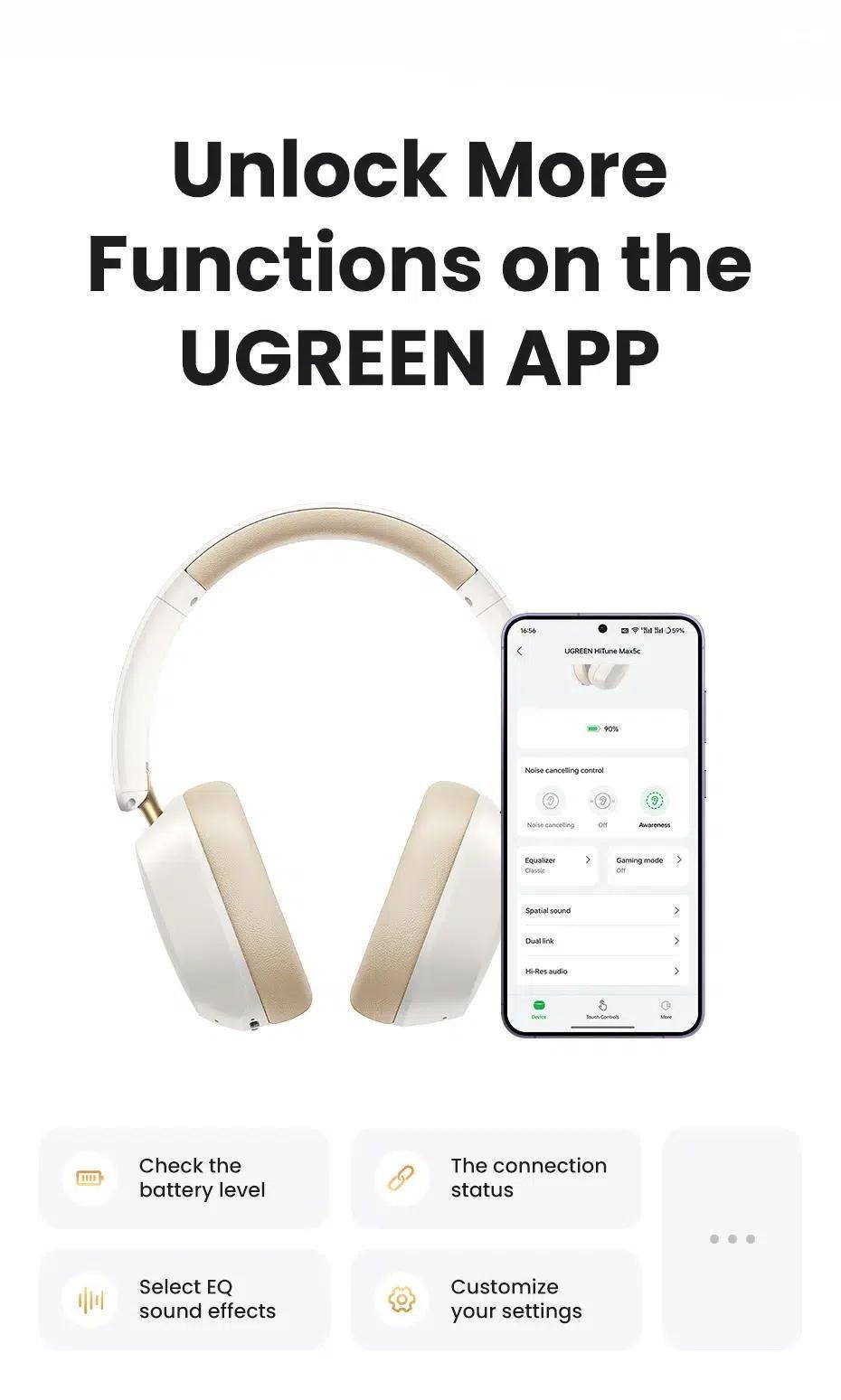 Навушники бездротові UGREEN HiTune Max5C Bluetooth 5.4 ANC 43 дБ Hi-Res Audio LDAC 75 год Чорний (35757) - фото 6 Навушники бездротові UGREEN HiTune Max5C Bluetooth 5.4 ANC 43 дБ Hi-Res Audio LDAC 75 год Чорний (35757) - фото 6