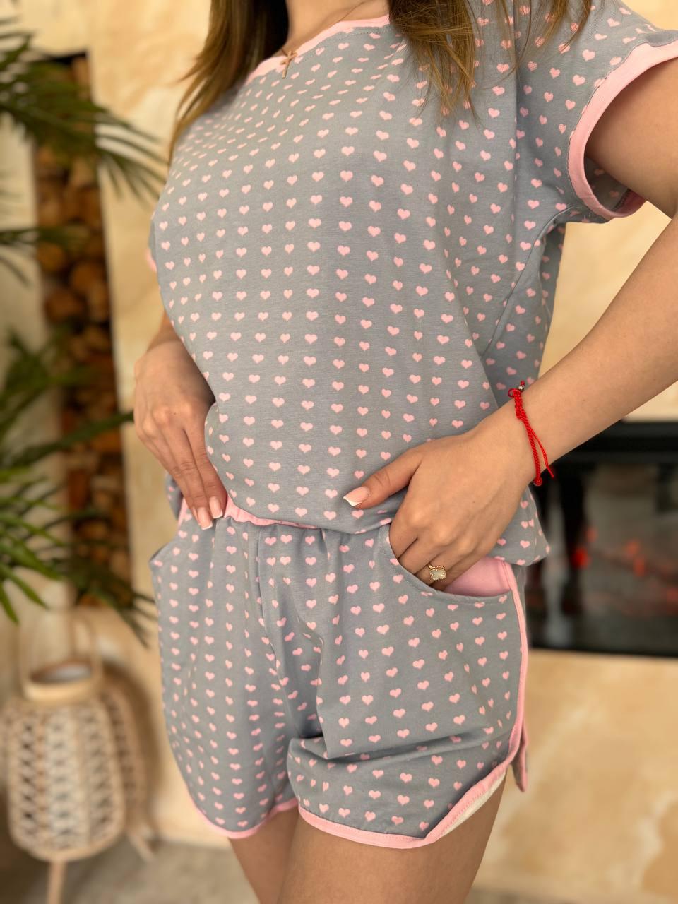 Пижама котон трикотажная двойка S/M Серо-Розовый (2235891231)
