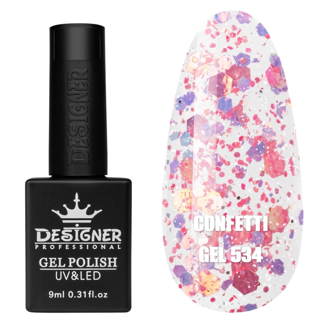 Гель-лак для маникюра Confetti gel Дизайнер с конфетти 9 мл Розовый с фиолетовым №534