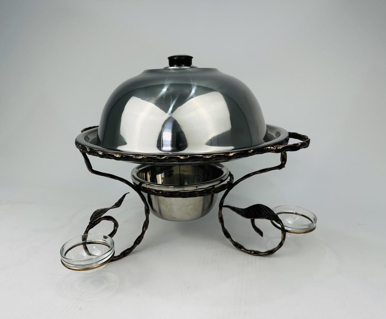 Садж для подачі шашлику з кришкою та соусницями Grill Master посилений зі сталевим прутом 36 см Срібний (168-10-SJ-6566)
