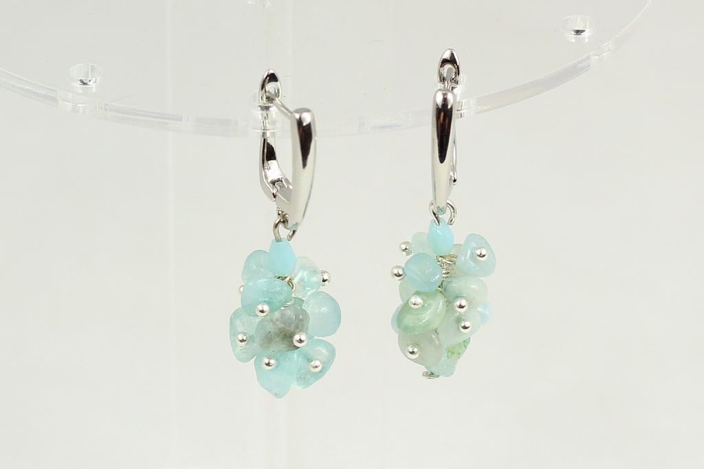 Серьги подвески из натурального аквамарина 3,8 см Серебристый (28673595)