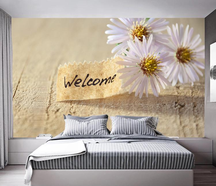 Фотообои 3D флизелиновые цветочные для спальни/зала/кухни Welcome и ромашки Фотообои 3D флизелиновые цветочные для спальни/зала/кухни Welcome и ромашки