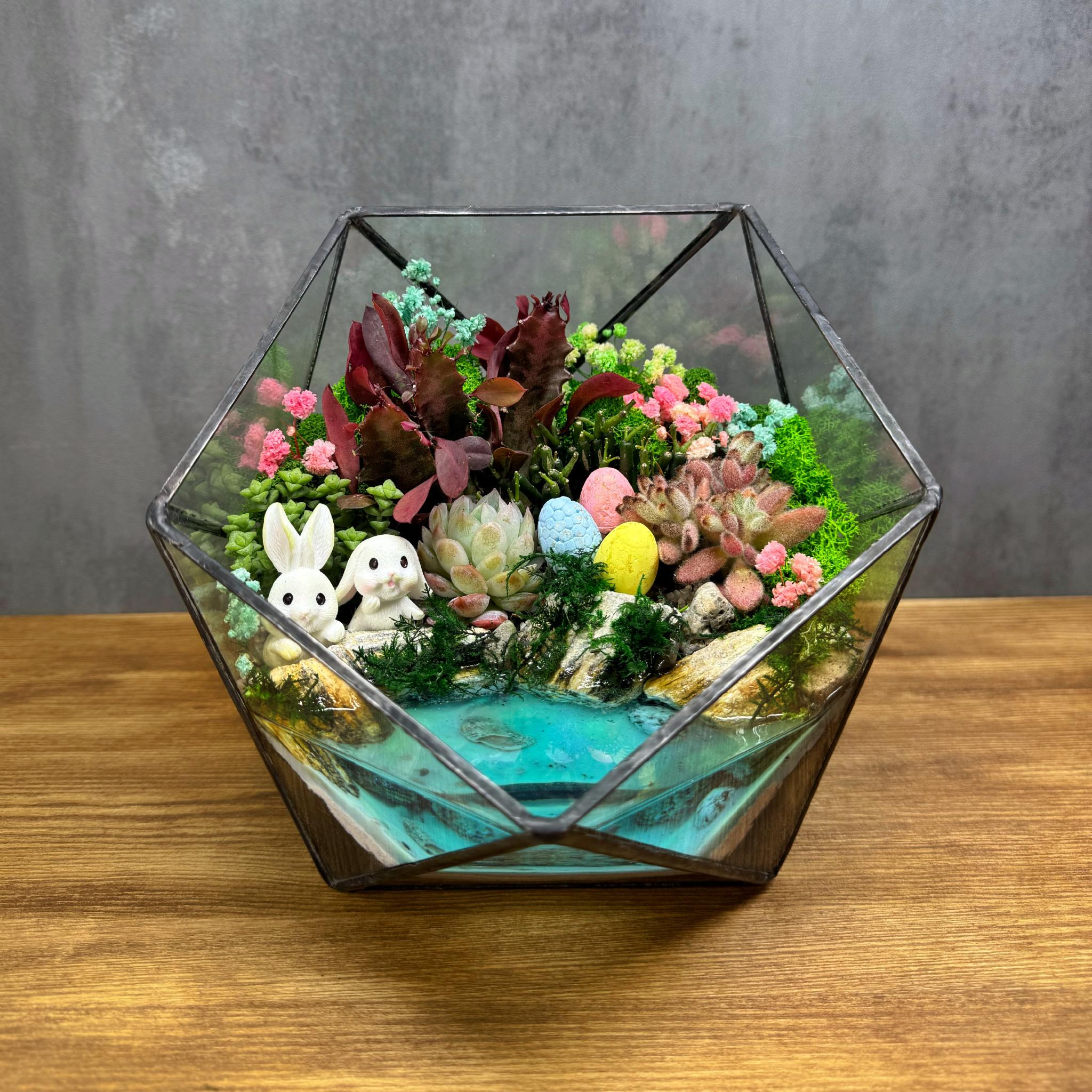 Флорариум пасхальный с суккулентами и имитацией водоема с кроликами 20 см