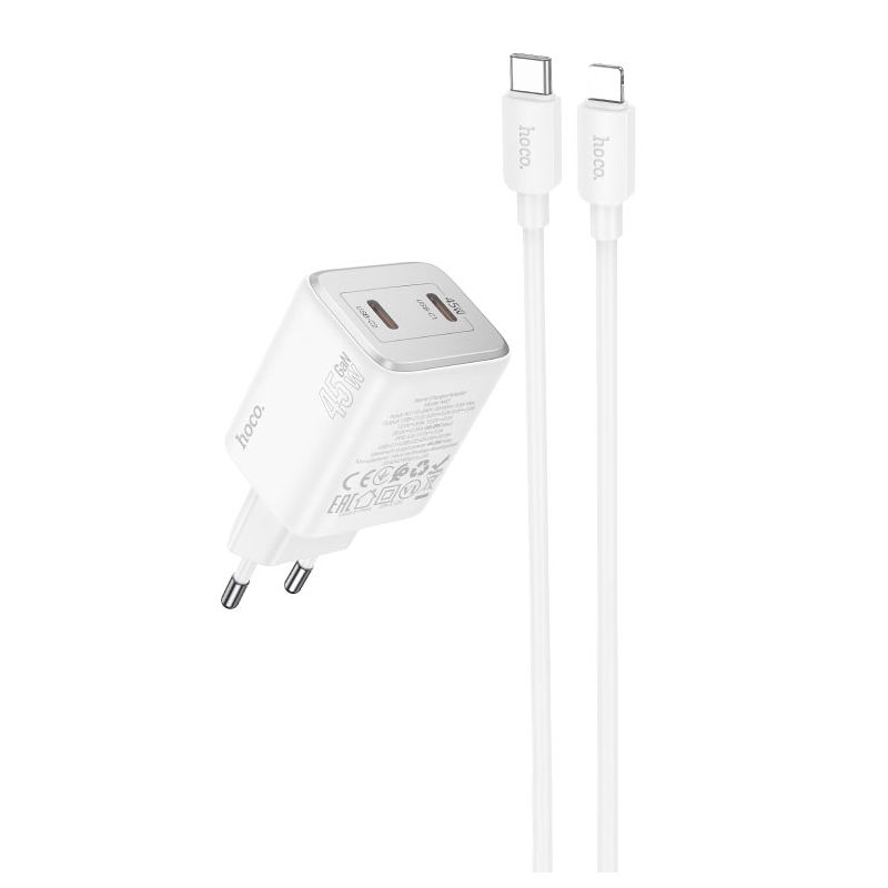 Зарядний пристрій мережевий з кабелем HOCO N42 Elogiado dual-port PD45W(2C) charger set(C to iP) White (6942007617116)