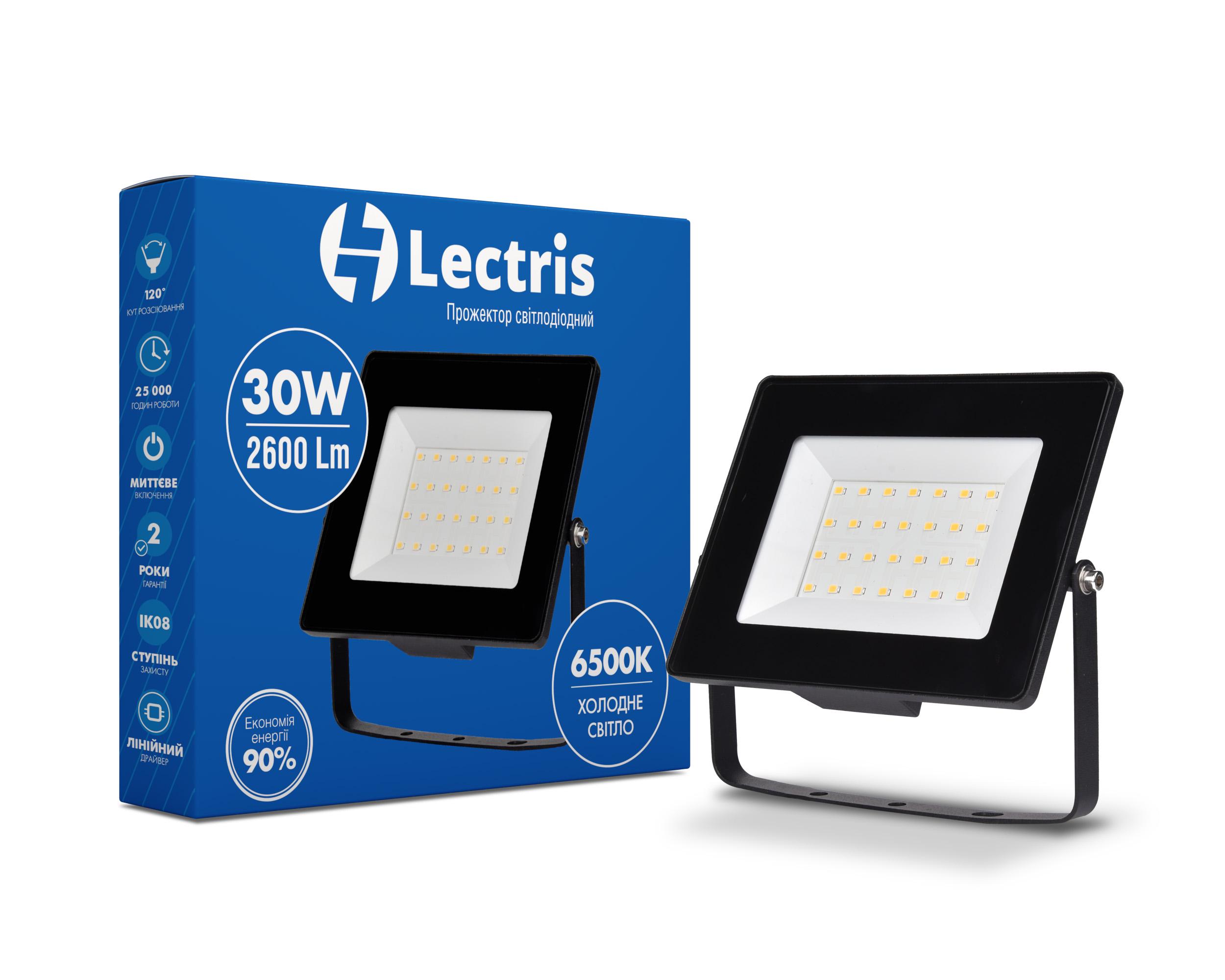 Светодиодный прожектор Lectris 30W 2600Лм 6500K 185-265V IP65  1-LC-3003