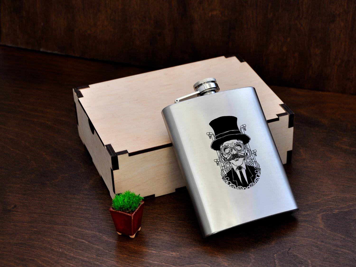 Подарочная фляга WoodPresentStudio Britain Steampunk в деревянной коробке 240 мл