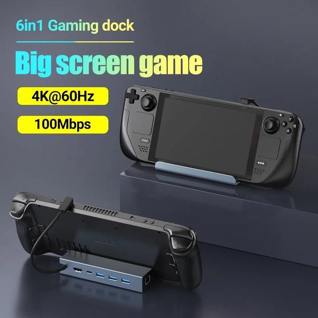 Док-станція 6в1 100W для Steam Deck HDMI 4K/ Gigabit Ethernet/ 3хUSB/ USB-C Metal - фото 2