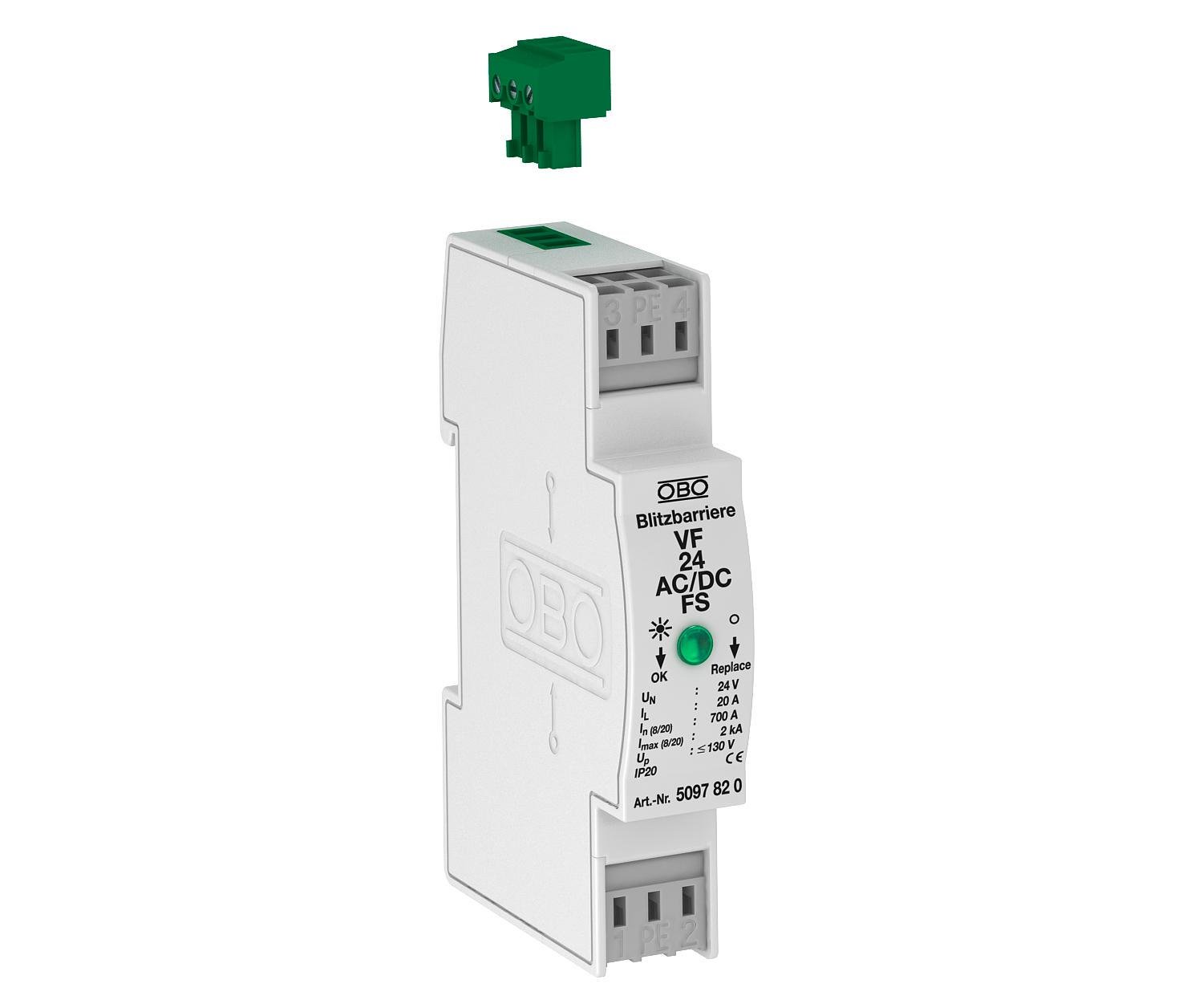 Модуль захисту OBO bettermann VF24-AC/DC-FS 3P 2кА 24 В AC/DC клас 3 D для контрольно-вимірювальних пристроїв з FS контактом (5097820)