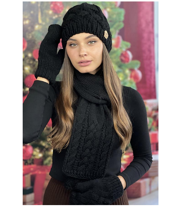Комплект шапка с шарфом и перчатками женский Braxton Дюран Черный (735W) - фото 1