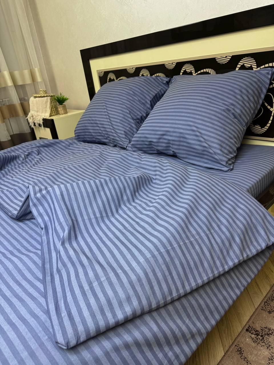 Комплект постільної білизни євро Смужка бавовна 200х220 см Сірий із синім (28834300) - фото 2