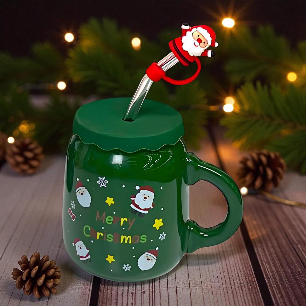 Чашка з кришкою і трубочкою Санта кераміка 460 мл Зелений (21-зел-102-1082) - фото 5