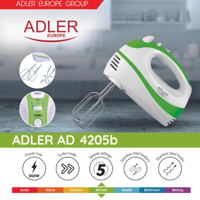 Міксер кухонний ручний Adler AD 4205 Green на 5 швидкостей з турборежимом гаки для тіста і вінчики для збивання 550 Вт - фото 7