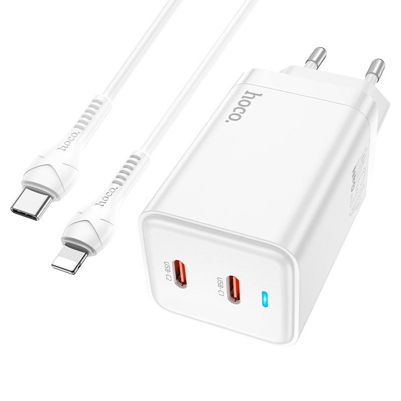 Сетевое зарядное устройство Hoco N23 GAN с кабелем Type-C-Lightning USB 2xType-C PD45W быстрая зарядка 3A EU (8736529562)