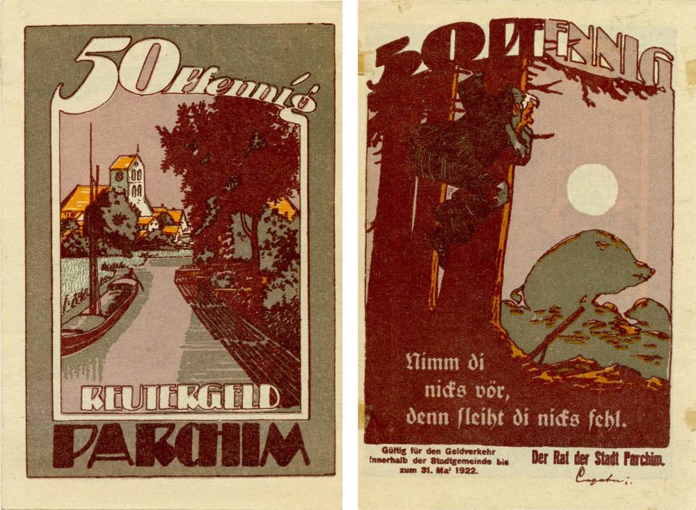 Коллекционная банкнота Германия Нотгельд 50 пфеннигов 1922 F-VF Пархим (Б18660)